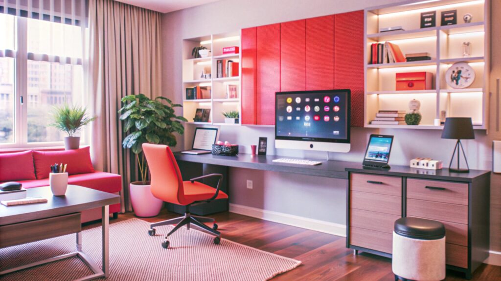 Modern home office setup with a stylish desk, computer, ergonomic chair and warm ambient lighting.