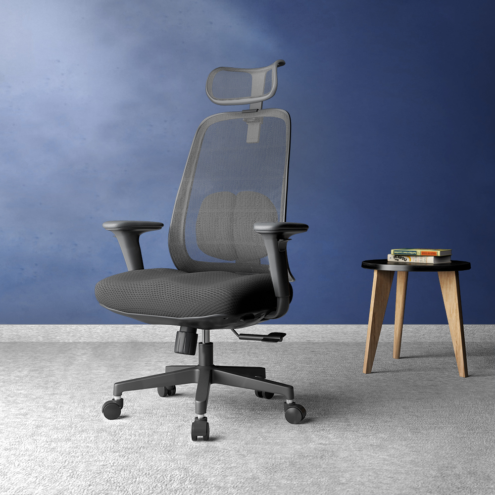 PosturePro Black frame, Dark Grey Fabric Seat, Black-Grey Mesh Back, High-back chair, Syncro, Seat Slider WITH HEADREST