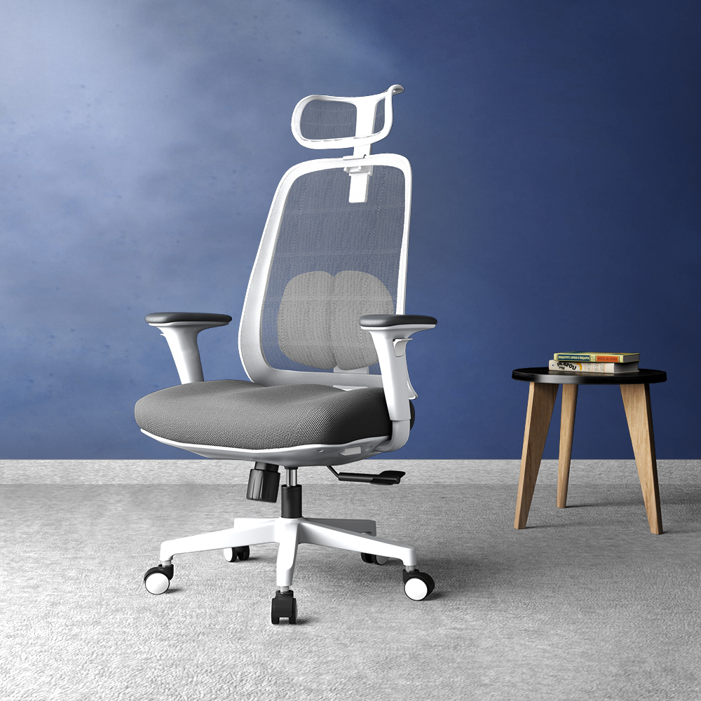 PosturePro WHITE Frame, Dark Grey Fabric Seat, Black-Grey Mesh Back, High-Back Chair, Syncro, Seat Slider WITH HEADREST