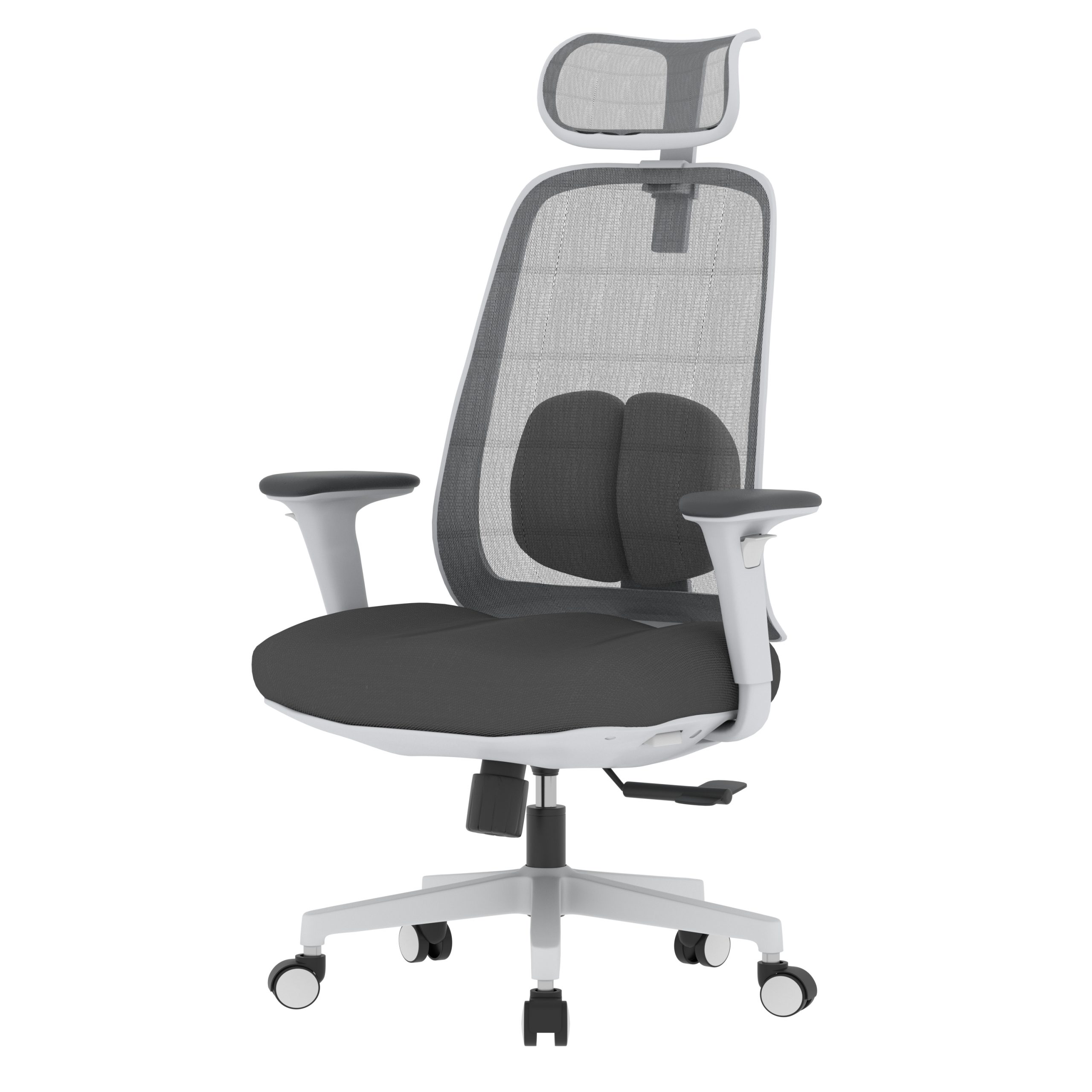 PosturePro WHITE Frame, Dark Grey Fabric Seat, Black-Grey Mesh Back, High-Back Chair, Syncro, Seat Slider WITH HEADREST - Image 2