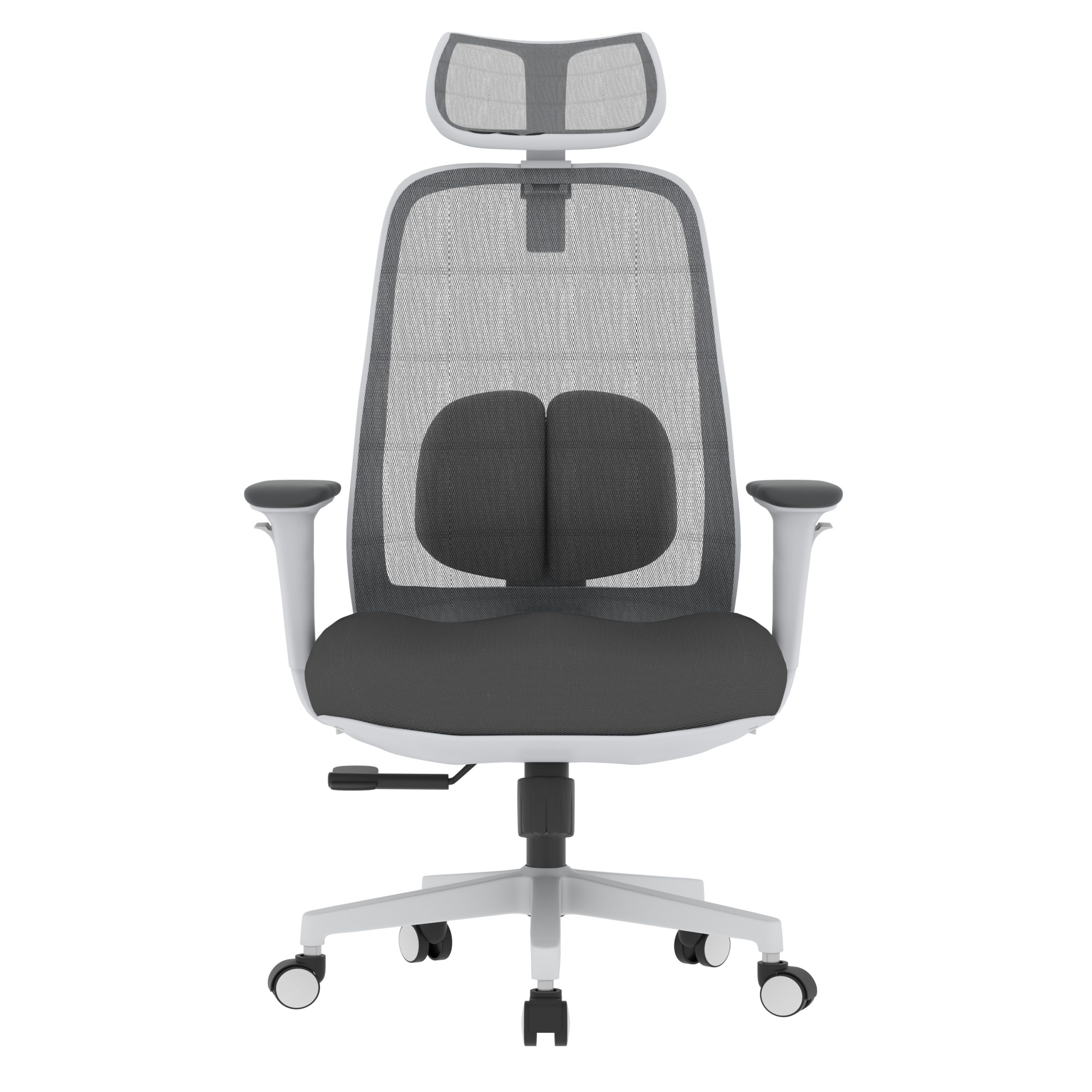 PosturePro WHITE Frame, Dark Grey Fabric Seat, Black-Grey Mesh Back, High-Back Chair, Syncro, Seat Slider WITH HEADREST - Image 4