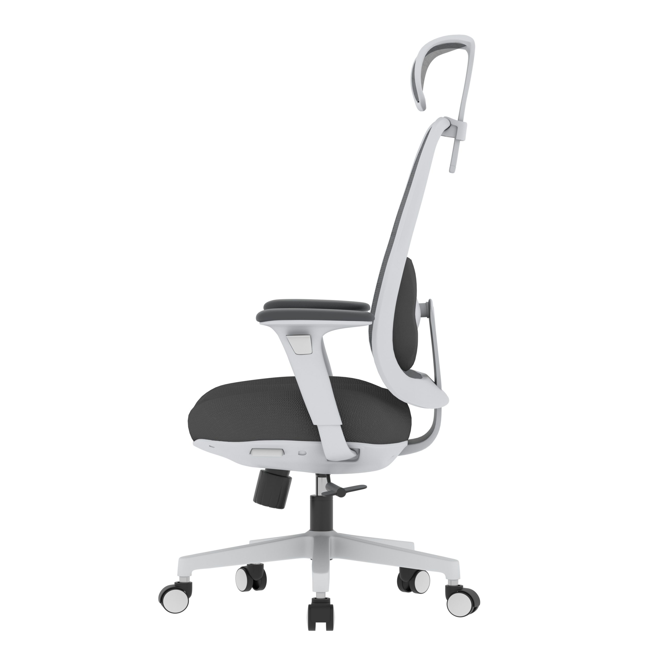 PosturePro WHITE Frame, Dark Grey Fabric Seat, Black-Grey Mesh Back, High-Back Chair, Syncro, Seat Slider WITH HEADREST - Image 3