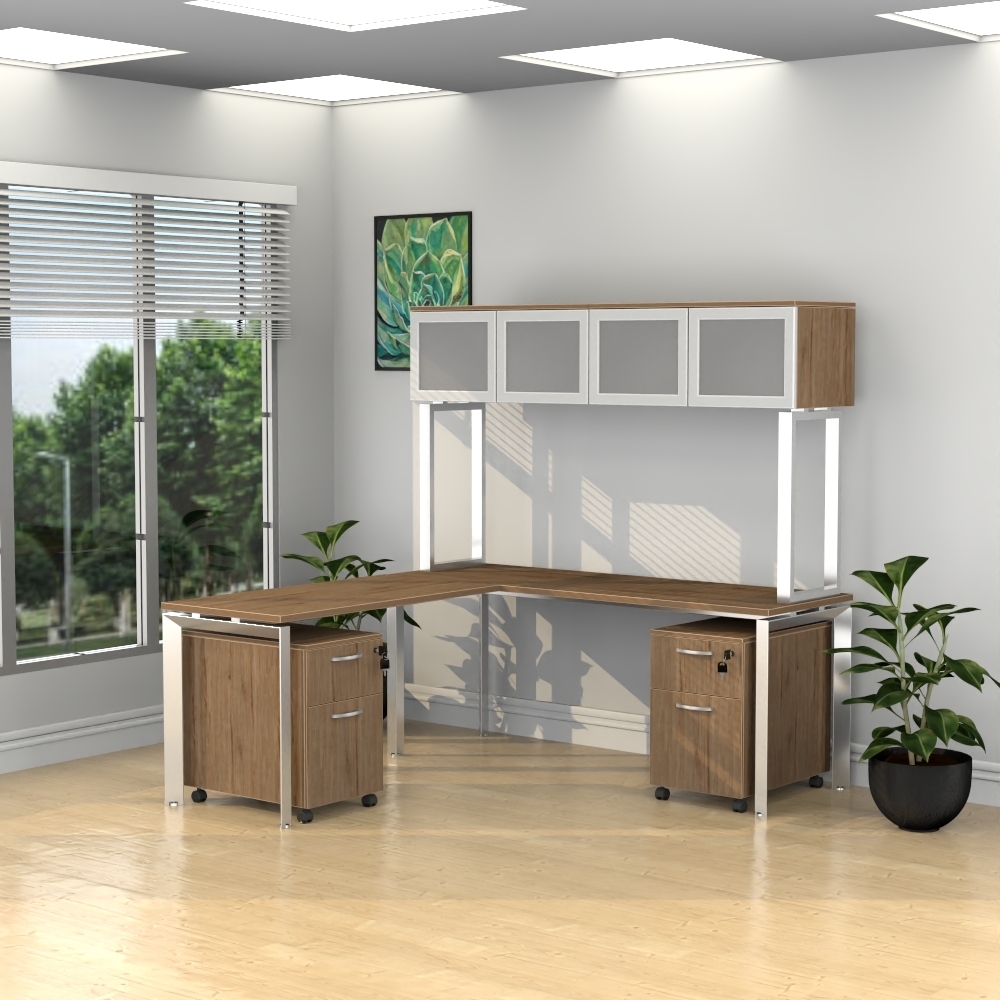 Inspire 60" x 78" Left or Right Extended L-Shaped Work Station with Mounted Wall Hutch and Pedestals - Various Colors
