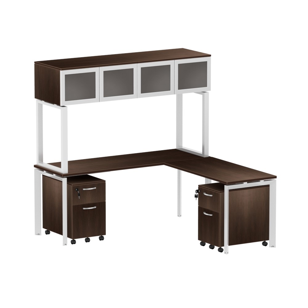 Inspire 60" x 78" Left or Right Extended L-Shaped Work Station with Mounted Wall Hutch and Pedestals - Various Colors - Image 2