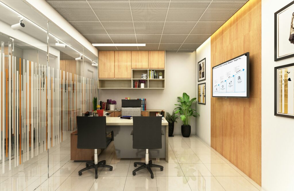 Modern office setup with wooden desks and ergonomic chairs showcasing stylish office furniture in Calgary for a productive workspace.