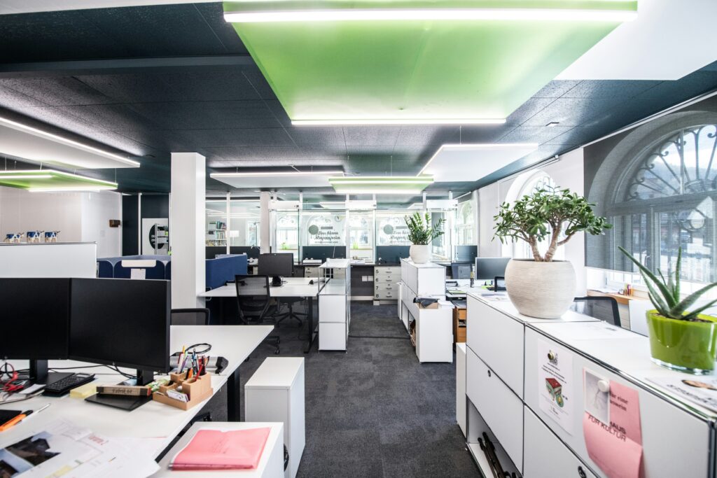 modern office storage with white cabinets and desks – office storage solutions